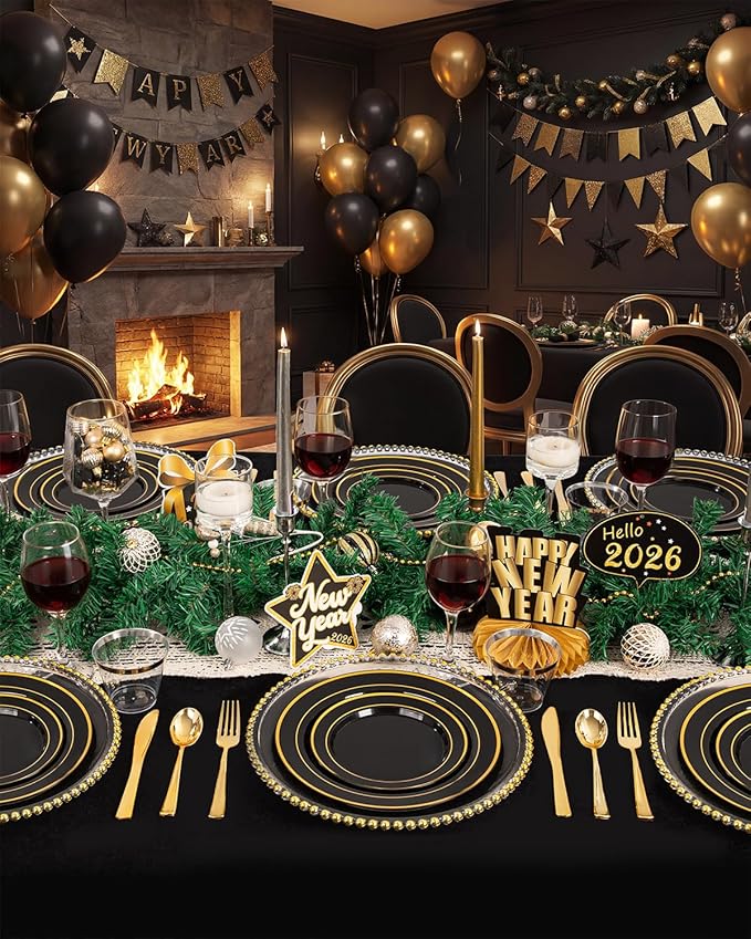 bUCLA 300PCS Black and Gold Disposable Dinnerware Set - 50 Guests Black Plastic Plates with Gold Rim Include 50 Dinner / 50 Dessert Plates, 50 Forks,50 Knives,50 Spoons&50 Cups for Party&New Year