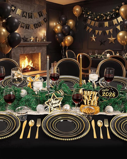 bUCLA 300PCS Black and Gold Disposable Dinnerware Set - 50 Guests Black Plastic Plates with Gold Rim Include 50 Dinner / 50 Dessert Plates, 50 Forks,50 Knives,50 Spoons&50 Cups for Party&New Year