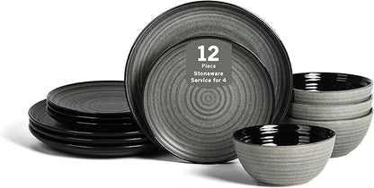 Stone Lain Dua 12-Piece Dinnerware - Stoneware, Plate and Bowls, Dishwasher and Microwave Safe, Dish Set for 4, Black
