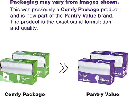Pantry Value [400 Count] Lightweight White Plastic Spoons - Disposable Cutlery for Parties, Events, and Dinner (Formerly Comfy Package)