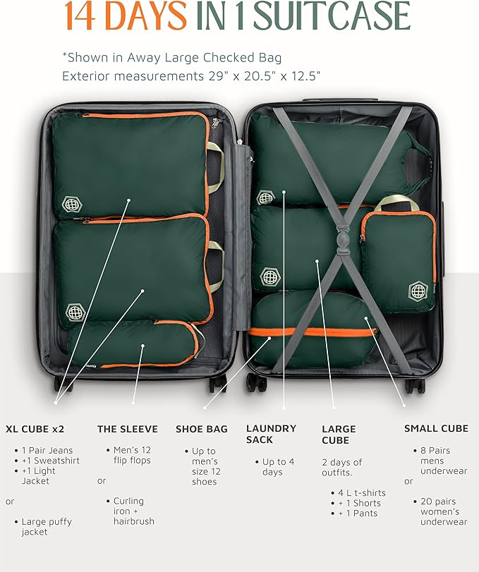 Large Compression Packing Cubes for Travel-Packing Cube Luggage Organizers 7 Piece Set for Checked Luggage-Ultralight, Expandable/Compression Bags by TRIPPED Travel Gear (Green/Orange)