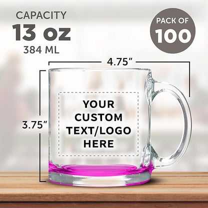 Custom Libbey Clear Glass Coffee Mugs 13 oz. Set of 100, Personalized Bulk Pack - Perfect for Coffee, Tea, Espresso, Hot Cocoa, Other Beverages - Pink Bottom