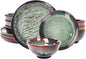 Dinner Set 12 Pieces - Round Reactive Glaze Tableware - Kitchen Dinnerware Porcelain Crockery with Dinner Plate, Bowl and Soup Plate Service for 4, Microwave Dishwasher Safe, Set (No.4)