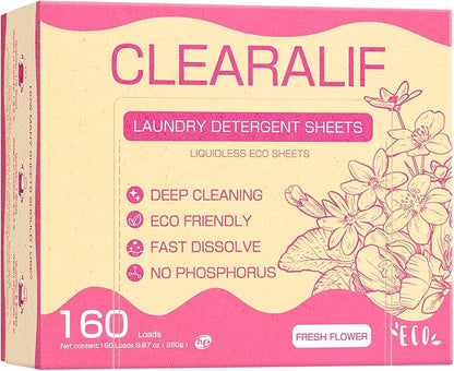 Laundry Detergent Sheets Up to 160 Loads, Fresh Flower - Great For Travel,Apartments, Dorms,CLEARALIF Laundry Detergent Strips Eco Friendly & Hypoallergenic - 80 Sheets