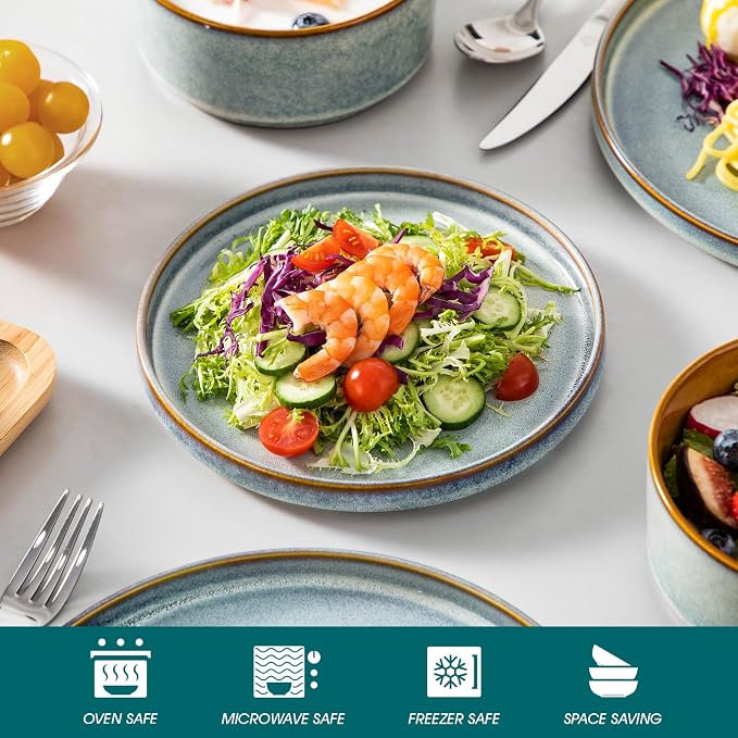 vancasso ONION Ceramic Plates and Bowls Sets, 12 Pieces Light Blue Dinnerware