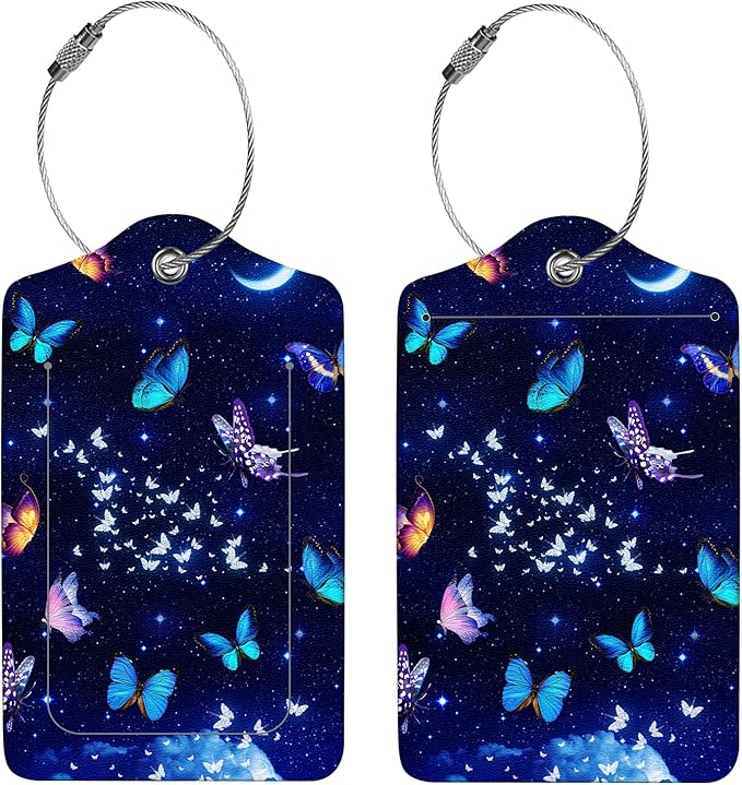 2 Pcs Luggage Tags for Suitcases, PU Leather Cruise Ship Luggage Tags with Privacy Cover Label Address Card and Durable Metal Ring Suitable for Men Women Handbags Backpacks,Starry Night Butterfly