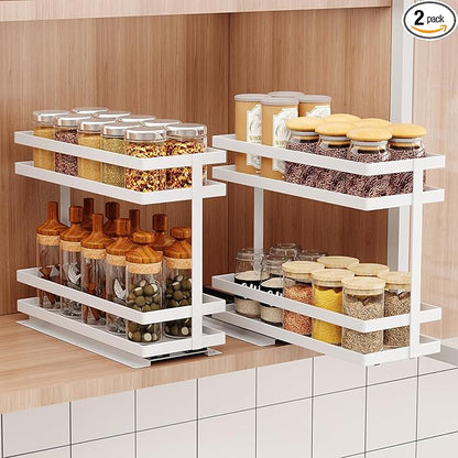 2 Pack Pull Out Spice Rack Organizer for Cabinet, 2 Tier Metal Slide Out Seasoning Organizer and Storage Heavy Duty Vertical Spice Rack Shelf Pullout for Kitchen Cabinets No Drilling (White)