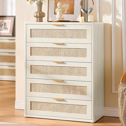 LEYAOYAO White Dresser for Bedroom, 41" Tall Chest of Drawers, Modern 5 Drawers Boho Rattan Dressers with Storage, Dresser Wooden Closet Organizer for Living Room, Hallway