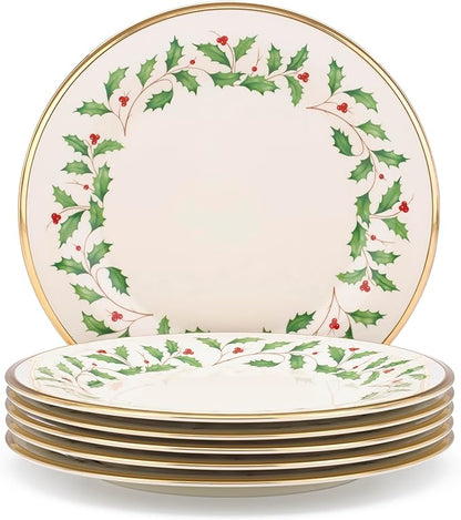 Lenox Holiday 6-Piece Dinner Plates Dinnerware Set, Service For 6, Porcelain, Dishwasher Safe, Round Plates Set, Holiday Red & Green, Perfect for Gatherings, Christmas Dinnerware (Ivory, 6 Piece)