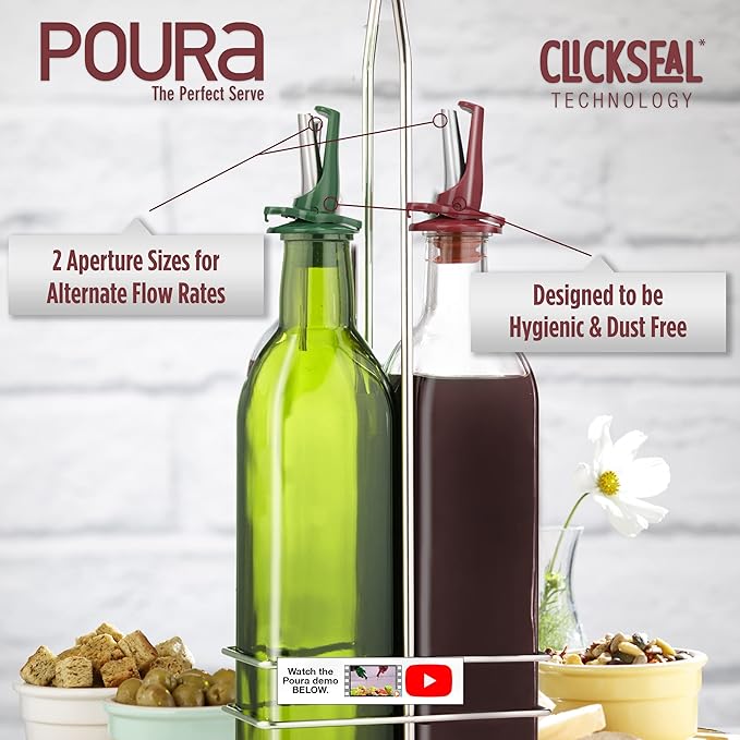 Poura Oil and Vinegar Dispenser Spouts | Airtight ClickSeal BPA Free Bottle Pourers Keeps Oil Fresh with Built-in Caps | Use Your Own Bottles as Vinegar Dispensers | Dishwasher Safe