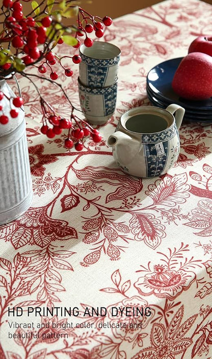 ISAENNE Designer French Linen Tablecloth Rectangular,Red Floral Washable Indoor Table Cloth,Durable Home Decor Tablecloths for Dining Thanksgiving Kitchen Party Christmas,55"*87"-Ruyi A