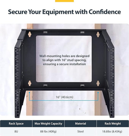 StarTech.com 2-Post 8U Wall Mounted Rack, Adjustable Depth up to 16in, for 19-inch Server/Data/Networking Equipment, Max 88lb