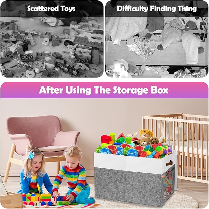 Large Toy Storage Box with Lid, Collapsible Sturdy Toys Storage Organizer Chest Bin Basket with Mesh Divider for Kids, Boys, Girls, Closet, Playroom, Bedroom, Nursery, 26"x17"x17" (Gray and White)