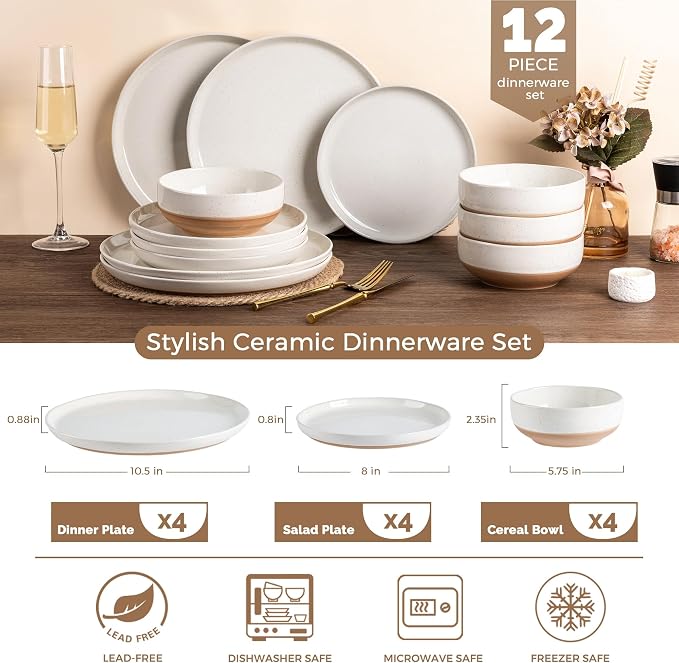 AmorArc Dinnerware Sets for 4, 12 Pieces Ceramic Plates and Bowls Set | Scratch
