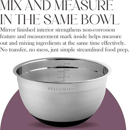 Bellemain Stainless Steel Non-Slip Mixing Bowls with Lids (5 Piece, Silver/Black)