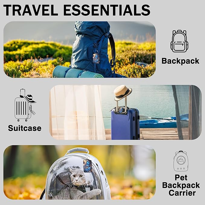 2 Pcs Blue Butterfly Luggage Tags for Suitcases PU Leather Baggage Tags Name ID Label with Privacy Cover and Stainless Steel Loop for Men Women Travel Bag Suitcase