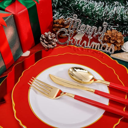 WDF 30Guest Red Christmas Plates - Gold Plastic Silverware With Red Handle - Christmas Plates Disposable- Baroque Plastic Dinnerware for Party