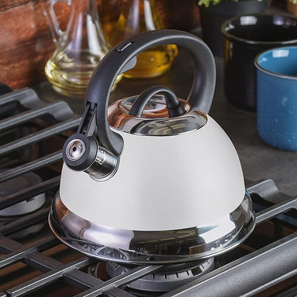 Mr. Coffee Flintshire 1.75-Quart Stainless Steel Whistling Tea Kettle with Nylon Handle – Durable Stove-Top Kettle in Linen Finish
