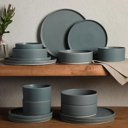 Gibson Elite Tatum Premium Porcelain Matte Reactive Glaze 16-Piece (Service for 4) Plates and Bolws Stackable Dishes Ceramic Dinnerware - Blue
