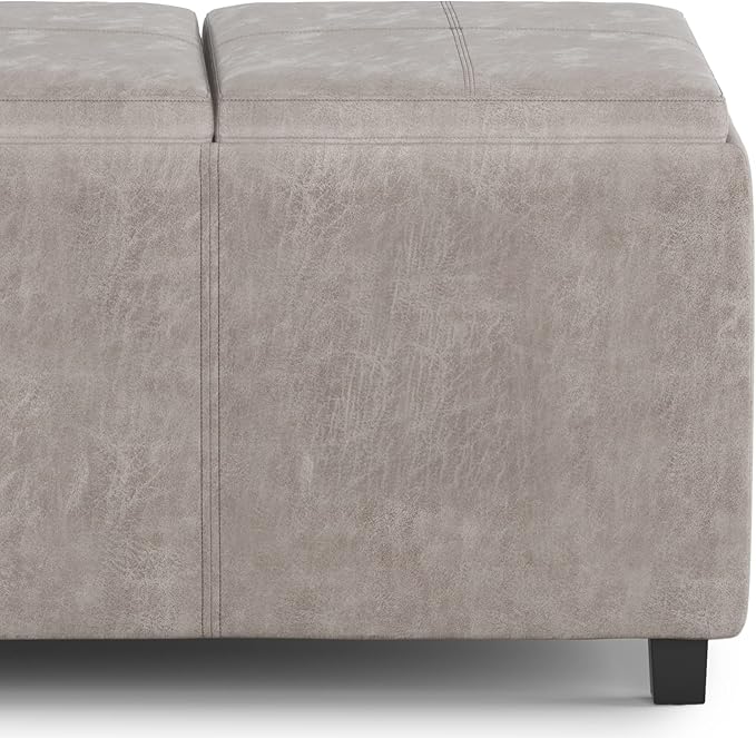 SIMPLIHOME Avalon 42 inch Wide Contemporary Rectangle Storage Ottoman in Distressed Grey Taupe Vegan Faux Leather, Assembled, for the Living Room, Entryway and Family Room
