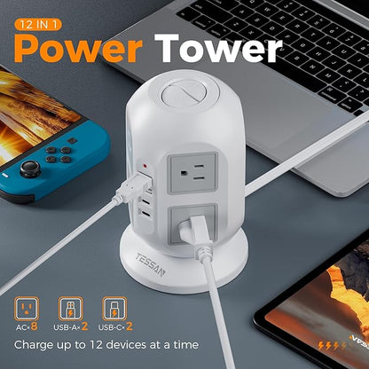 Tower Power Strip, Surge Protector 10 FT Cord, TESSAN Flat Plug Extension Cord with Multiple Outlets, 8 AC Outlets with 4 USB Ports (2 USB C), Charging Station with Surge Protection, for Office Dorm