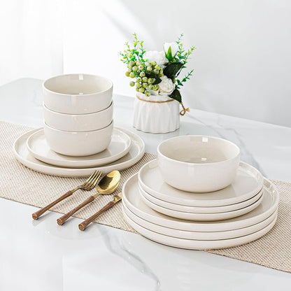 AmorArc Dinnerware Sets for 4, 12 Pieces Ceramic Plates and Bowls Set, Handcrafted Stoneware Plates Set, Dishwasher & Microwave Safe Dishes Set