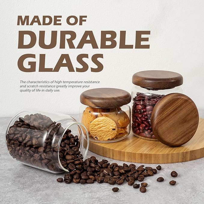 1 PC Small Glass Storage Jars with Airtight Lids, 14 FL OZ (420ml) coffee container with Wooden Lid, Glass Pantry Canister for Beans, Rice, Sugar and etc
