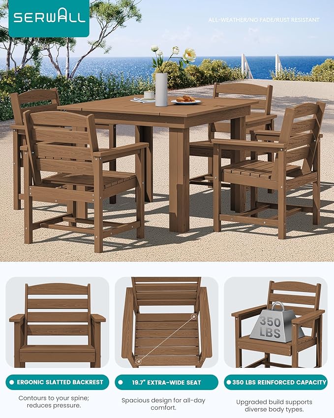 SERWALL Outdoor Dining Set for 4, HDPE Square Table and Chairs Set All Weather