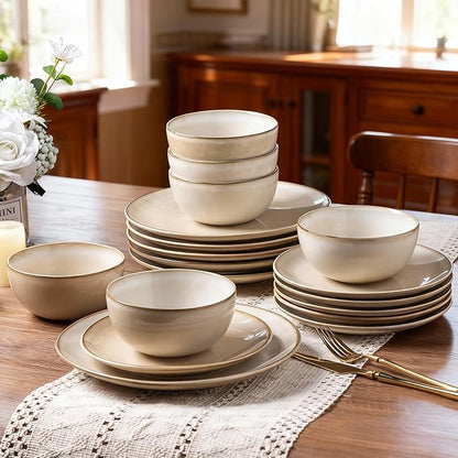 AmorArc Stoneware Dinnerware Sets for 8, 24 Pieces Handpainted Ceramic Plates and Bowls Set, Scratch Resistant Dishes Set, Dishwasher & Microwave Safe, Cappuccino