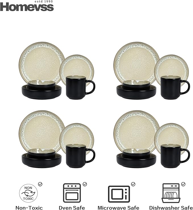 HomeVss 20-Piece Dinnerware Set - Serves 4, Reactive Glaze Bubble Beige Plates & Bowls Set | Microwave & Dishwasher Safe Dishes Set