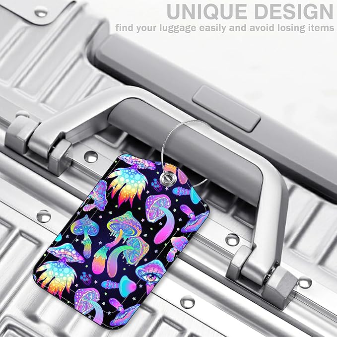 Colorful Mushrooms Set of 2 Luggage Tags for Suitcases Leather Suitcase Tags Identifiers with Privacy Name Address Label and Stainless Steel Loop for Women Men Travel Luggage Accessories
