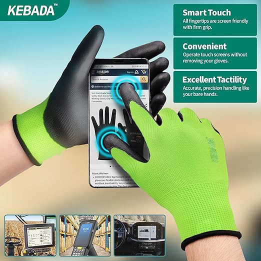 Kebada W1 Work Gloves for Men and Women, Touchscreen PU Coated Gloves with Grip, 50 Pairs Bulk Pack, Ideal for Warehouse Package Handling, Construction, Gardening, Green Medium