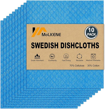 Swedish Dishcloths - 10 Pack Reusable Kitchen Dishcloths - Ultra Absorbent Dish Towels for Washing Dishes - Cellulose Sponge Cloth Cleaning Cloths - Blue