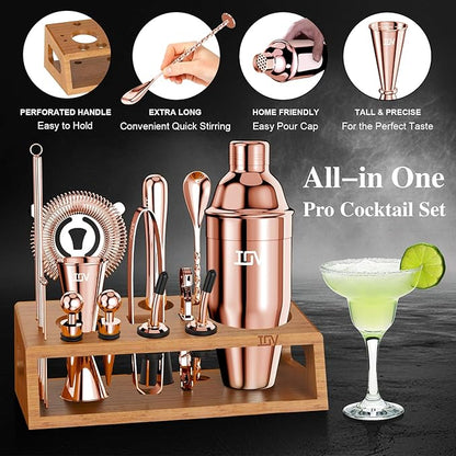 IOV Cocktail Shaker Set Bartender Kit with Stand | Bar Set Drink Mixer Set Includes Martini Shaker, Jigger, Strainer, Mixing Spoon, Muddler, Recipe Book | Home Bar Accessories Gift Set (Rose Gold)