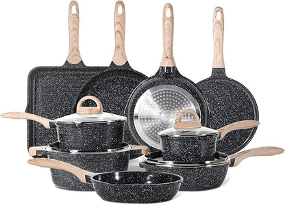 JEETEE 24Pcs Ceramic Cookware Set, Gray Pots and Pans Set Non Stick, Kitchen Healthy Non Toxic Induction Cookware Sets W/Saucepans, Sauté Pan, Griddle, Crepe Pan & Pancake Rake (PFAS,PFOA Free)