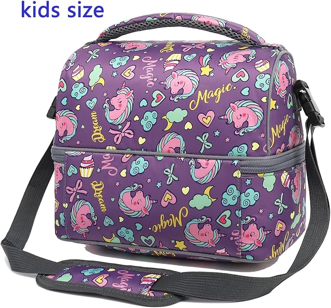 FlowFly Double Decker Cooler Insulated Lunch Bag Large Tote for Boys, Girls, Men, Women, With Adjustable Strap (Purple-Unicorn)