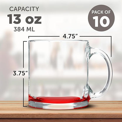 Libbey Clear Glass Coffee Mugs 13 oz. Set of 10, Bulk Pack - Perfect for Coffee, Tea, Espresso, Hot Cocoa, Other Beverages - Red Bottom
