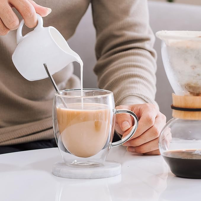 LIBWYS 6 Pack Double Walled Coffee Cups Glasses Mugs, 12oz Espresso Cappuccino Latte Tea Cups with Handle, Heat Resistant Borosilicate Clear Glasses 350ml