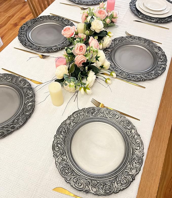 Antique Silver Charger Plates Embossed Rim, 13 Inch Dinner Plate Chargers Round