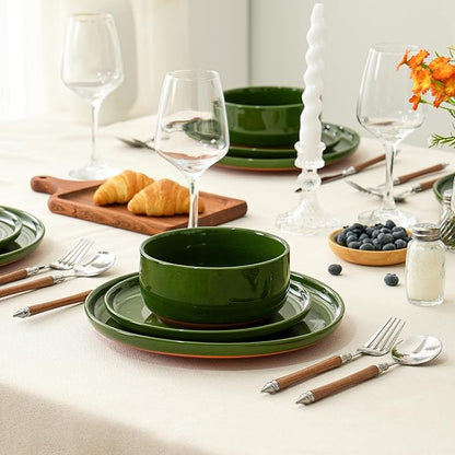 Stoneware Cereal and Soup Bowls Set of 4, 6-Inch Dual Glaze Ceramic Bowls for Breakfast & Oatmeal, Microwave and Dishwasher Safe, Forest Glaze Green
