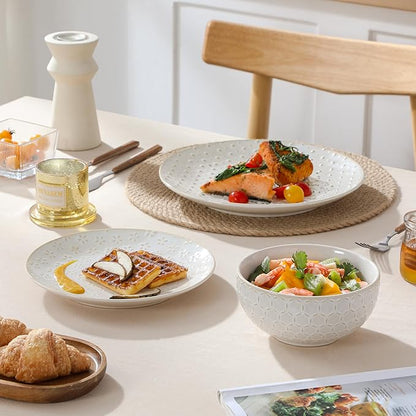 MALACASA 12 Pieces Dinnerware Sets, Modern Relief Design Plates and Bowls Sets, White Dish Set for 4, Kitchen Ceramic Dinner Plates Dishware Set, Microwave and Dishwasher Safe, Series LYDIA