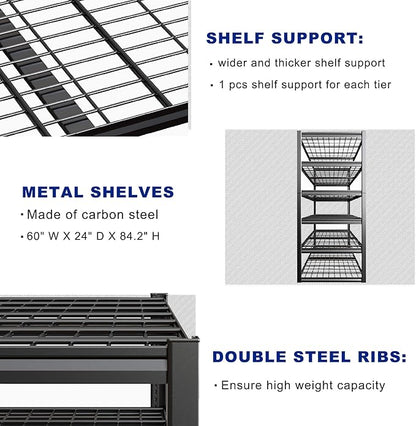 60" Wide Heavy Duty Garage Shelving Adjustable 6 Tier Garage Storage Shelves 3900LBS Metal Shelving Unit Industrial Utility Shelf, 84" H x 60" W x 24" D