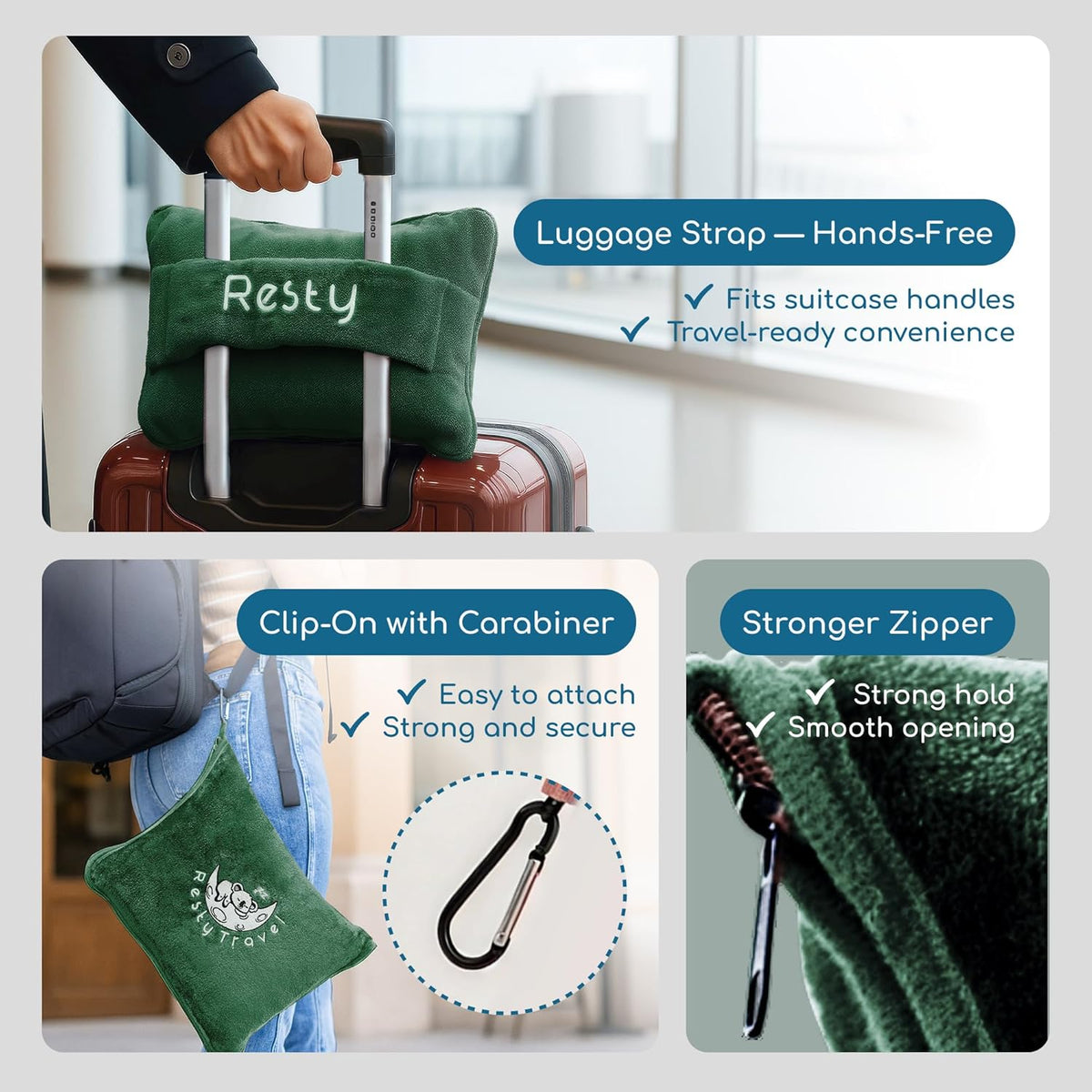 Resty 65"x40" Traveling Airplane Blanket, Forest Green – Lightweight, Velvety Soft Blanket That Becomes a Travel Pillow – Must-Have Comfort for Planes & Road Trips – Travel Essentials for Women & Men