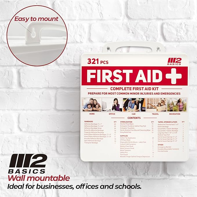 M2 BASICS Premium 321 Piece First Aid Kit - First Aid Kit for Home, Car, Business, Office, School, Travel, Camping, Outdoors - Emergency Medical Supplies, Durable Portable Hard Case