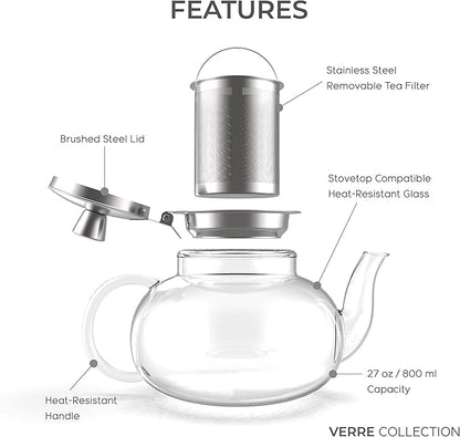 Glass Teapot Stovetop Compatible Kettle with Stainless Steel Removable Infuser, Loose Leaf Tea, Stovetop Safe Tea Pot and Strainer (27 Ounce)