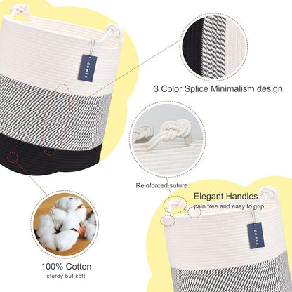 COMSE Extra Large Blanket Basket, Tall Woven Storage Basket, Nursery Hamper, 15.7”x 21.7”, Cotton Rope Laundry Hamper for Toys Clothes Towels, White/Gray/Black