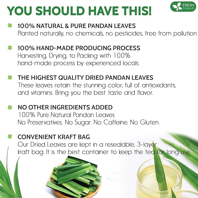 FreshDrinkUS, Premium 2oz Natural Pandan Leaves Dried, 100% Pure Dried Pandan Leaves, Pandan Leaf Tea, No Additives, No Caffeine, Vegan (2 oz Dried Leaves)