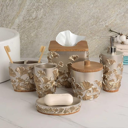 Decozen Bathroom Accessories Set 6Pcs – Soap Dispenser, Toothbrush Holder, Tumbler, Soap Dish & Cotton Swab Jar – Modern Bathroom Decor, Bath Set for Christmas Decor, Valencia
