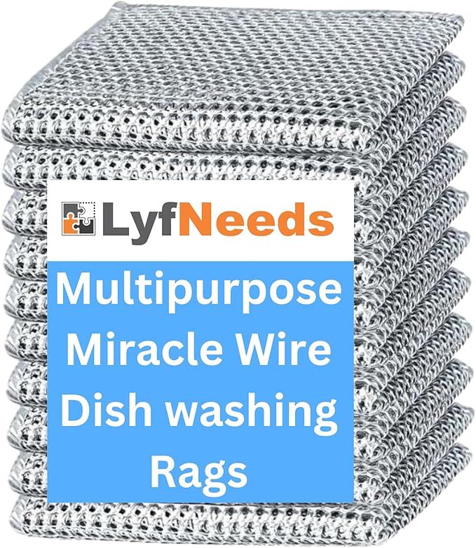 Non Scratch Wire Dishwashing Rag - Upgraded Double Layer 8 Pcs, Reusable Multipurpose Wire Dishcloth for Wet & Dry Cleaning, Ideal for Kitchen, Sinks, Pots & Pans