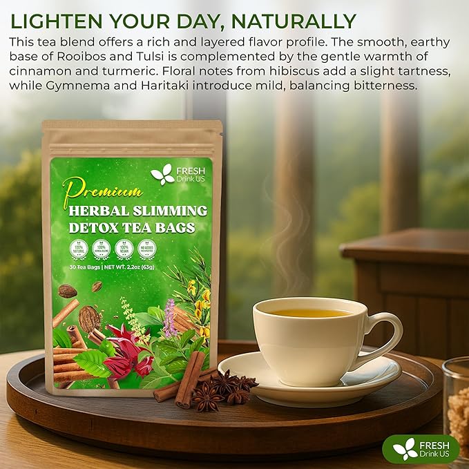 FreshDrinkUS, 30 Tea Bags Herbal Tea – Caffeine-Free Herbal Tea with Rooibos, Turmeric & Hibiscus – Loose Leaf Blend for Daily Rituals and Clean Living – Vegan, No Additives